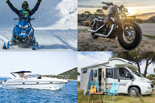 Quad image of four different images. top left is a person riding a snowmobile, top right is a motorcycle next to a highway, bottom left is a boat on a lake, bottom right is a RV at a campsite,