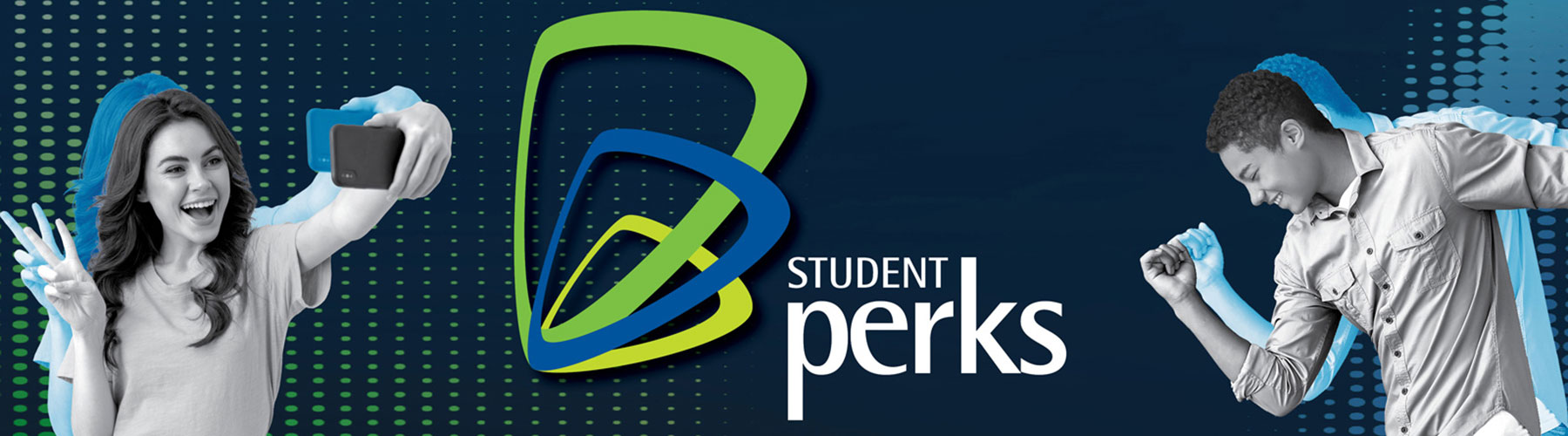 Wildfire Student Perks Wildfire logo with female talking a selfie and male dancing