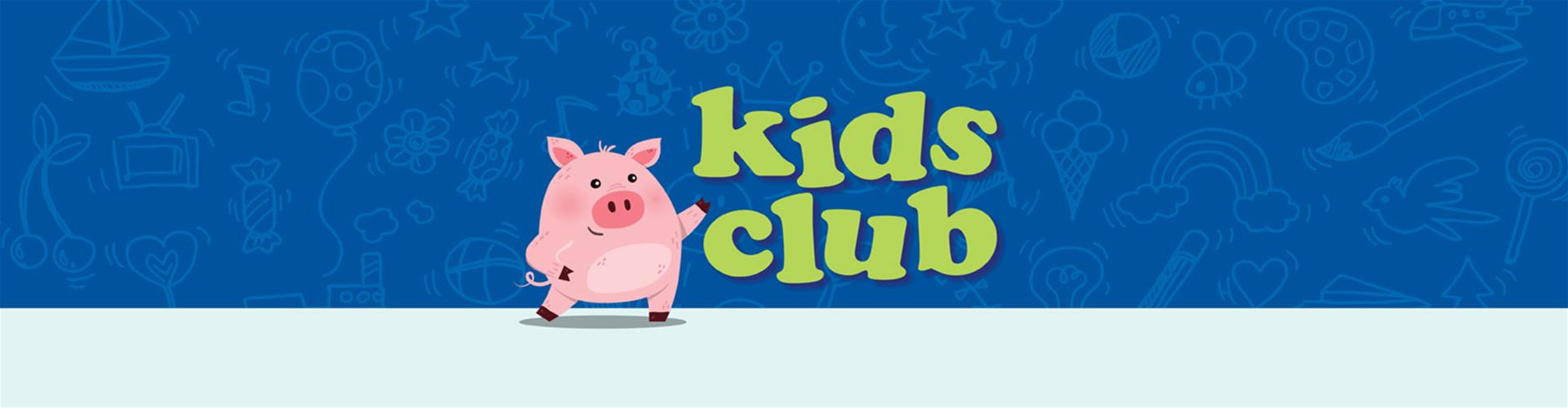 Kids Club Cartoon Pig point to Kids Club text