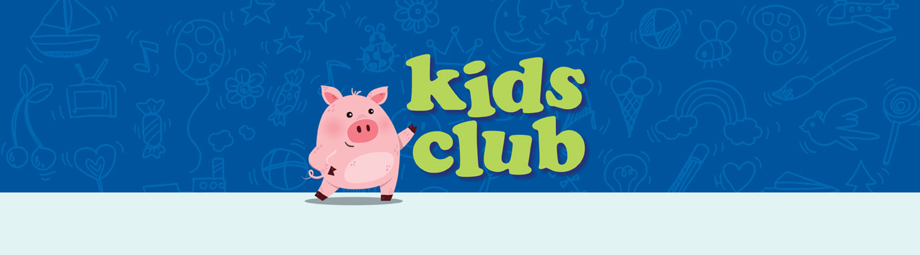 Cartoon Pig point to Kids Club text