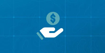 Single hand holding a dollar coin icon on a blue background.
