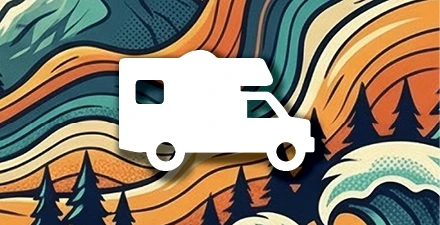 White animated motorhome with orange and blue topo and pine trees in background.