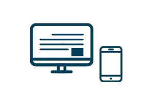 Dark blue icon of a computer screen right next to a phone screen.