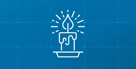 Blue topo background with white glowing candle icon.
