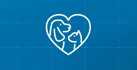 Blue topo background with white heart icon with dog and cat inside.