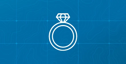 Blue topo background with white digital wedding ring icon.