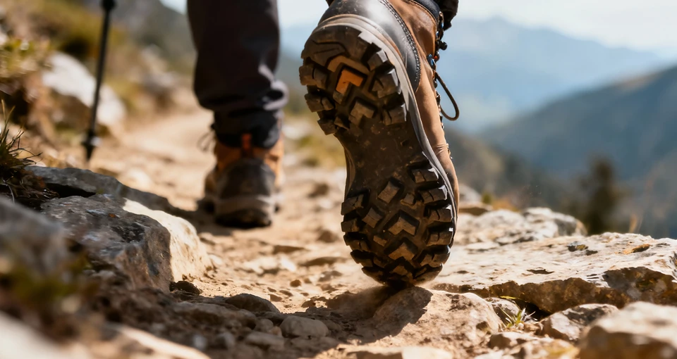Pathfinder Hiking Hiker with boots from the perspective of the ground behind on a mountain side.