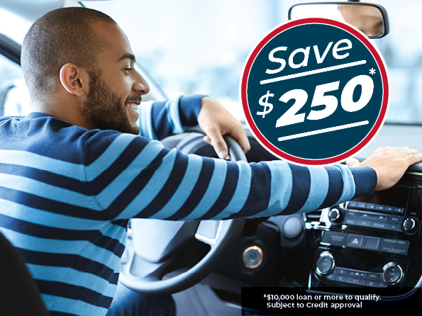 Promotional image for loan discount Man in a car with $250 savings on a $10,000 loan requirement information