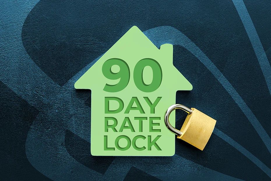 90 day rate lock text in green house with key lock and blue Wildfire background.
