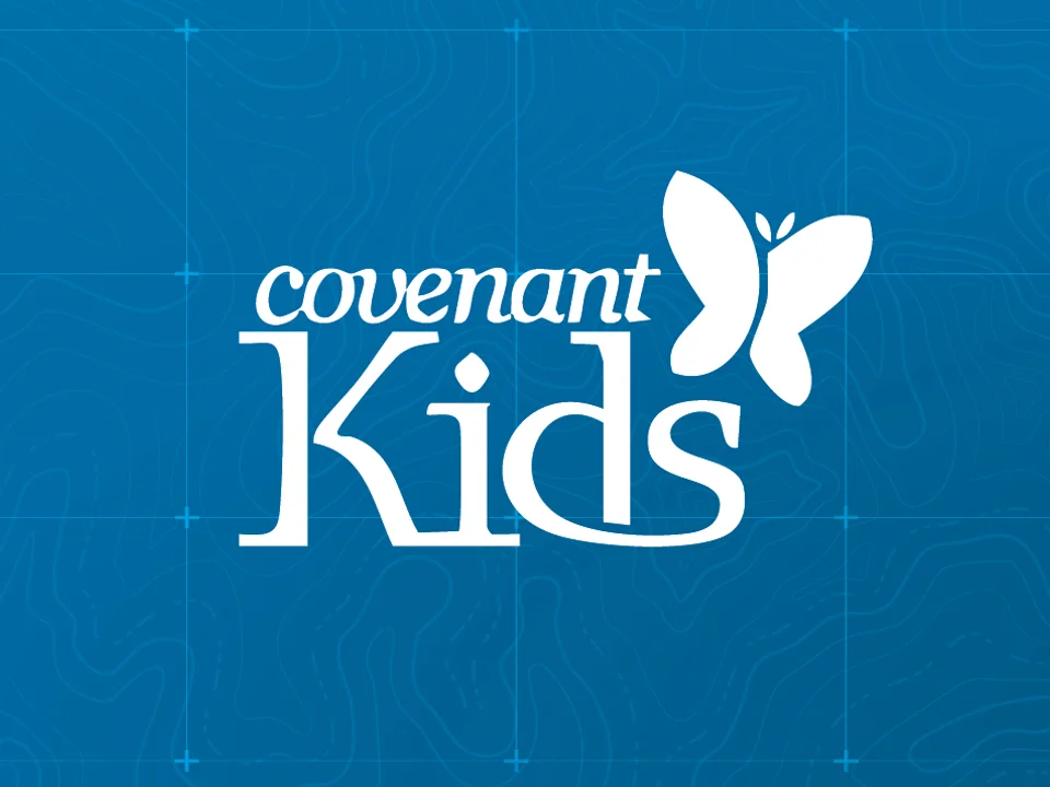 Blue topo background with Covenant Kids logo.