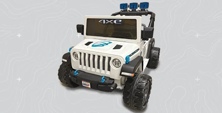 Gray topo map in background with custom white Wildfire Power Wheels Jeep.