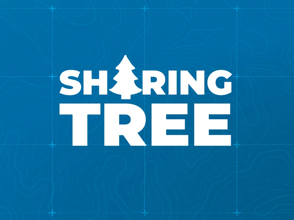 Blue topo background with Sharing Tree logo.