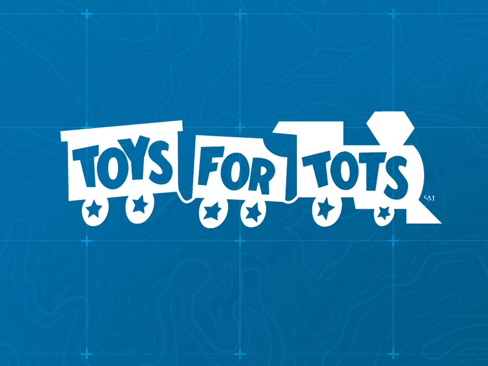 Blue topo background with Toys for Tots logo.