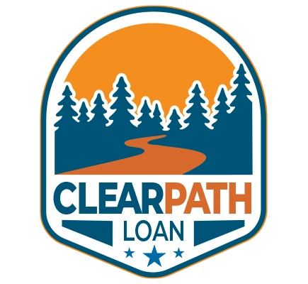 Blue and orange badge with tree forest and path with ClearPath Loan text inside.