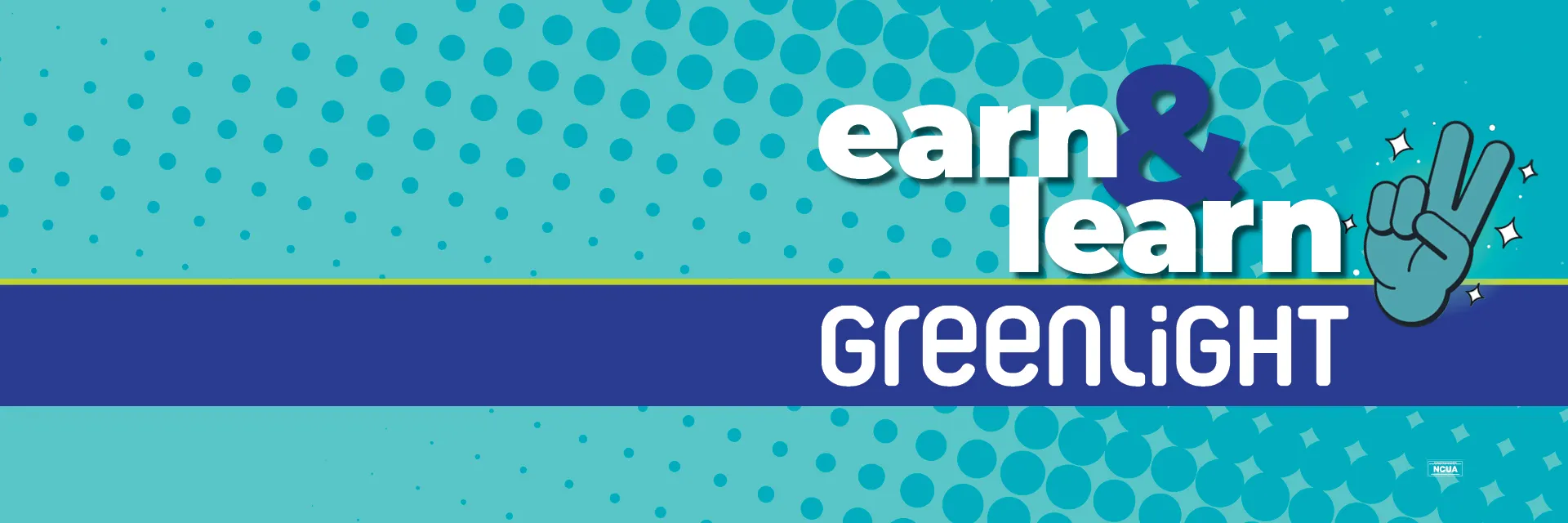 Teal dotted background for Greenlight with earn & learn and hand peace sign emoji.