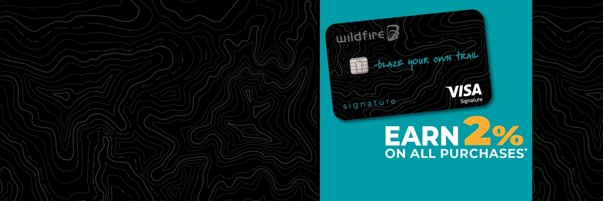 Premium Signature credit card on a teal and black topo background and 2% on purchases.