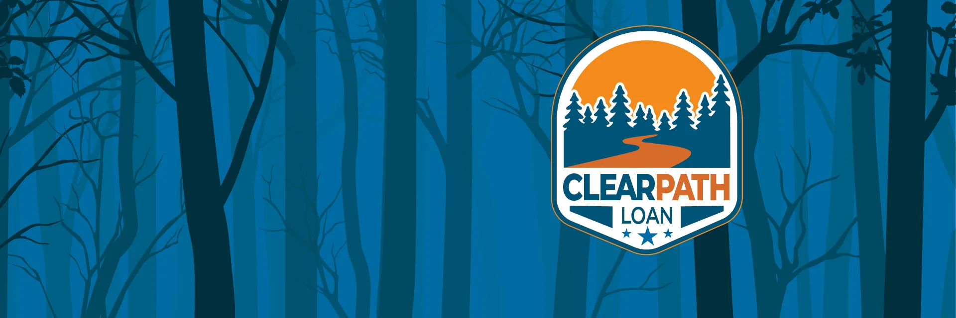 Blue background with tree forest and ClearPath Loan badge in front.