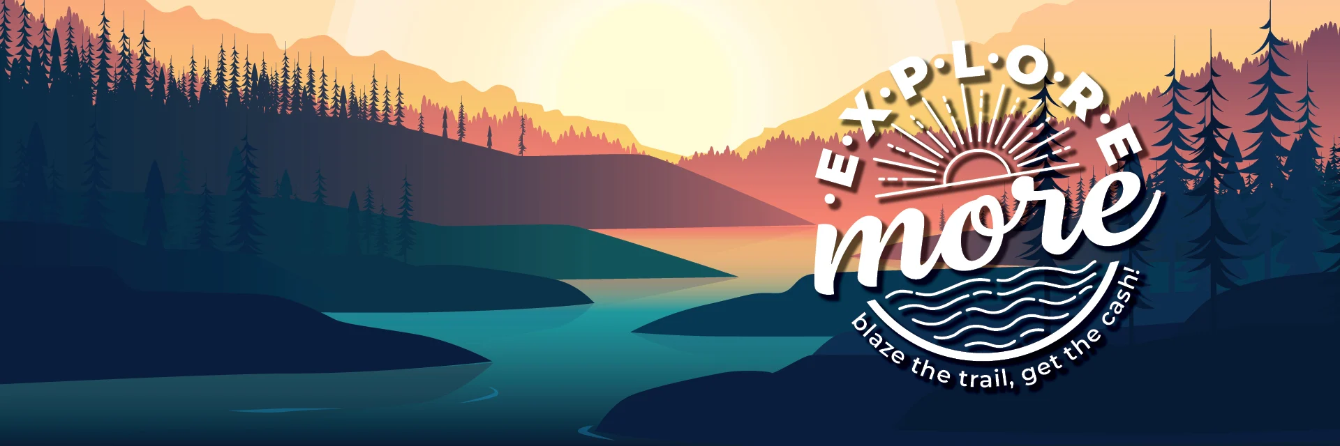 Explore More Loan stamp graphic over animated colorful sunset in mountains, trees, and water.