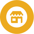 White Cartoon storefront icon in an orange circle