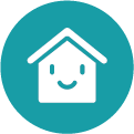 Teal icon with a house that has a smiley face on it