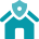 Teal icon of a house with a shield above it.