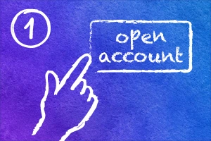 Gradient purple background with open account in white text.