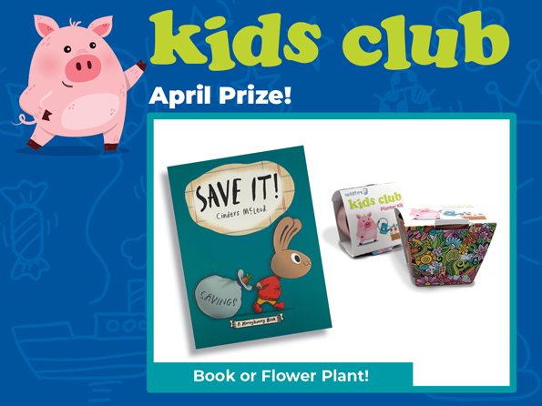 April 2025 Kids Club Prize April kids club, choose a book or a potted plant