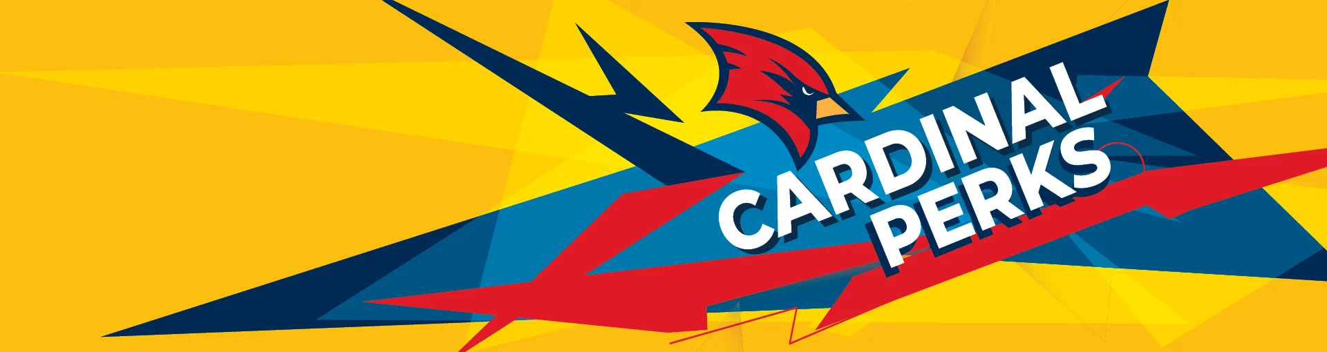 Wide Cardinal Perks banner with red cardinal head on yellow, blue, and red abstract background.