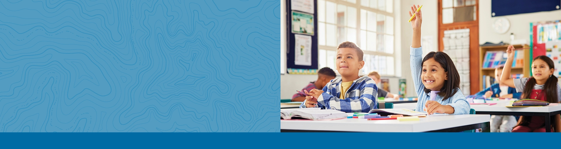 Kids raising hands in classroom at their desks with a topo white background.