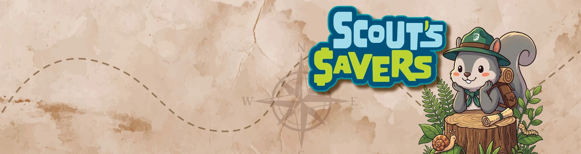 Scout the squirrel smiling with Scout's Savers graphic on tan map and trail background.