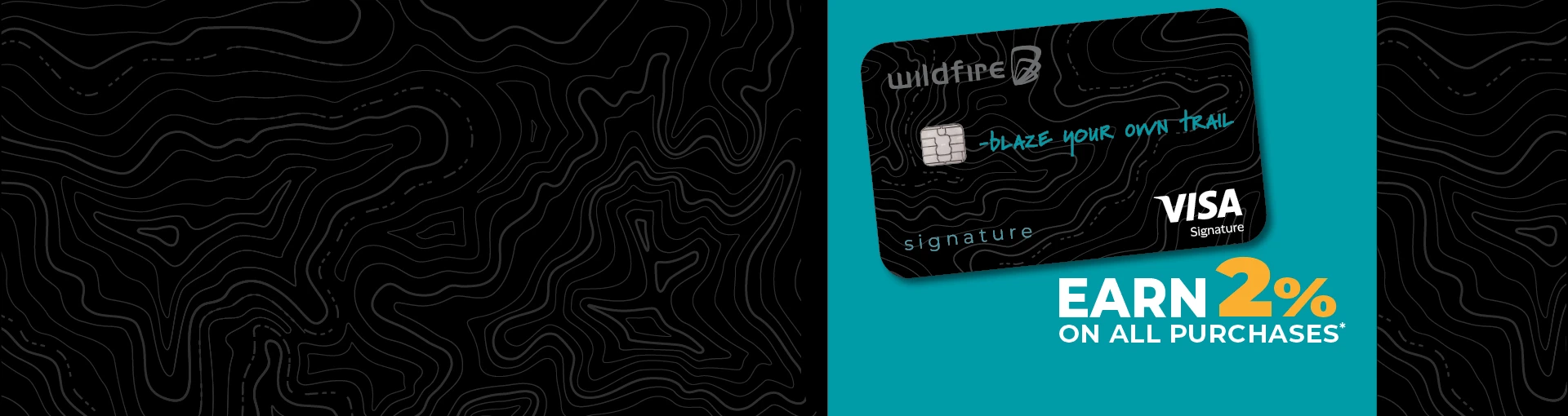 Signature credit card on a teal and black topo background and 2% on purchases.