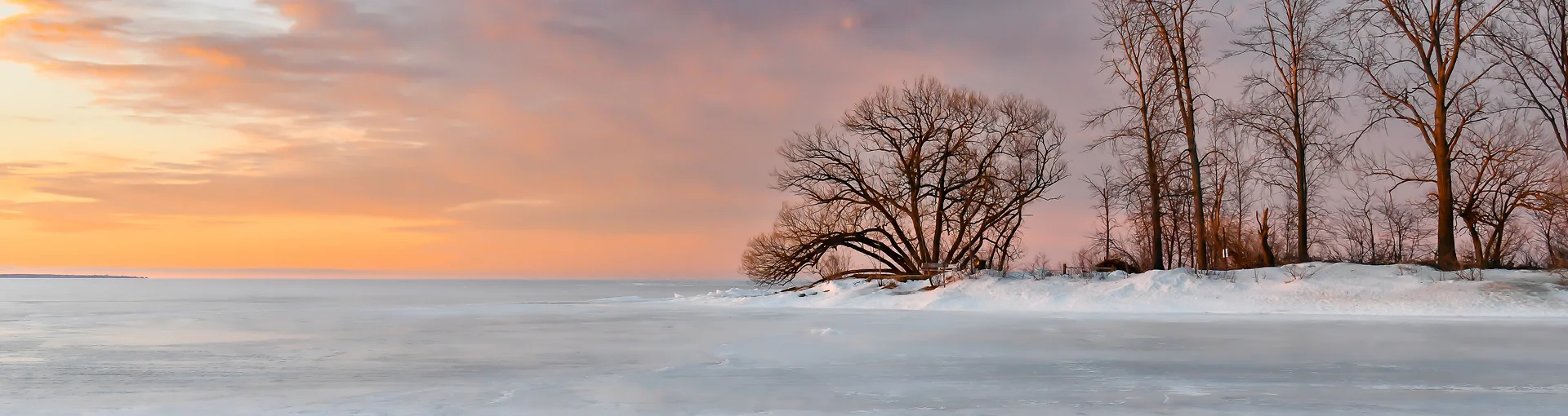 Saginaw Bay sunrise over the water in winter with trees on the edge.