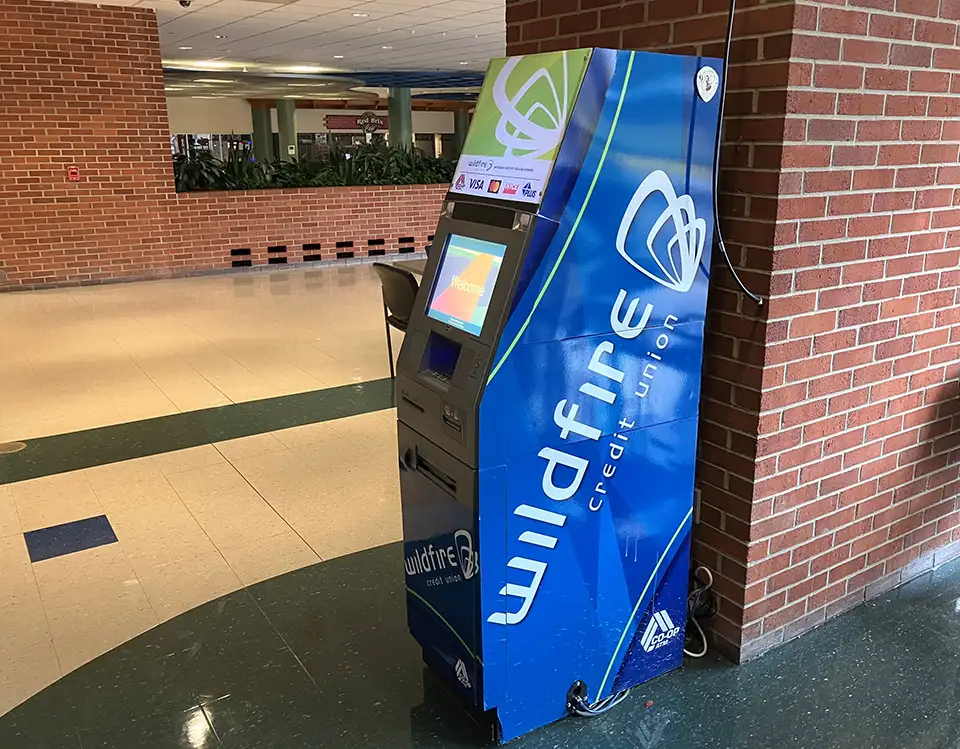 Wildfire cash withdrawal ATM at Delta College near Bookstore and Red Brix Cafe on lower level.