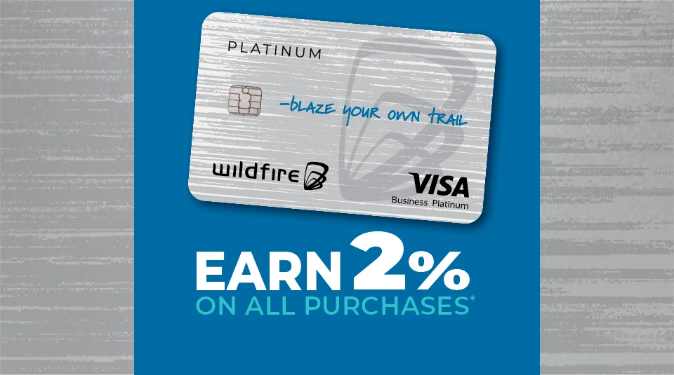 Business Platinum credit card on a blue and slate gray background showing earn 2% on purchases.