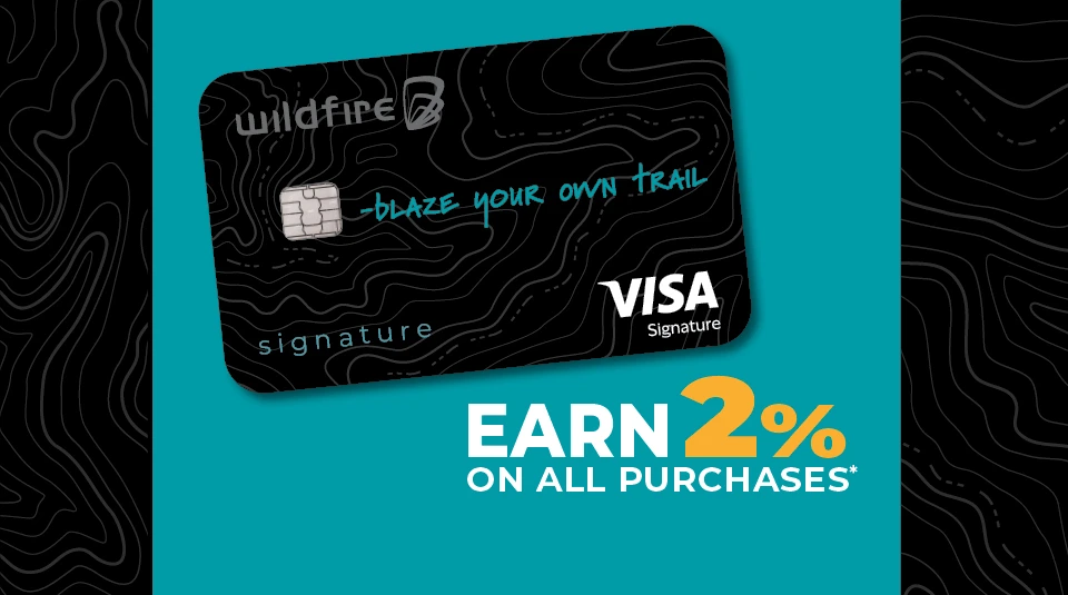 Premium Signature credit card on a teal and black topo background and 2% on purchases.