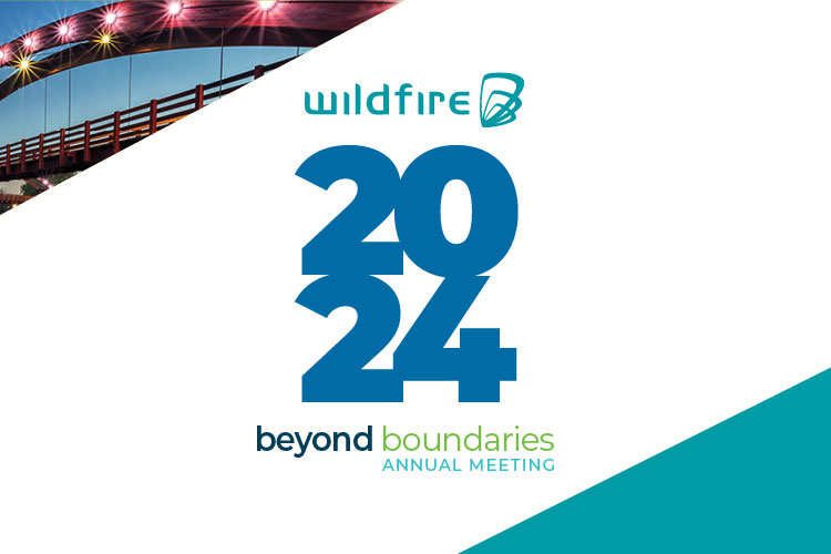 Image of the Tridge in Midland at night overlapped by a white banner that reads Wildfire 2023 Beyond Boundaries Annual Meeting