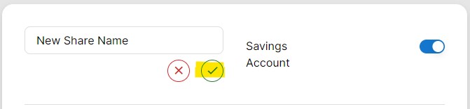 Manage accounts screen with one share name being changed