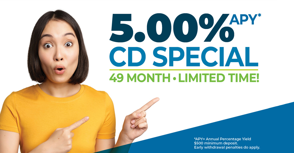 Woman pointing to 5.00% APY 49 Month CD Special Text