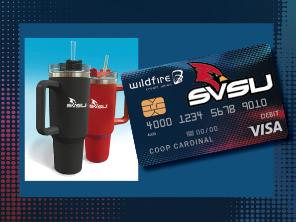 Red and Blue SVSU drinking mugs and an SVSU credit card with SVSU logo on it over a dark blue background