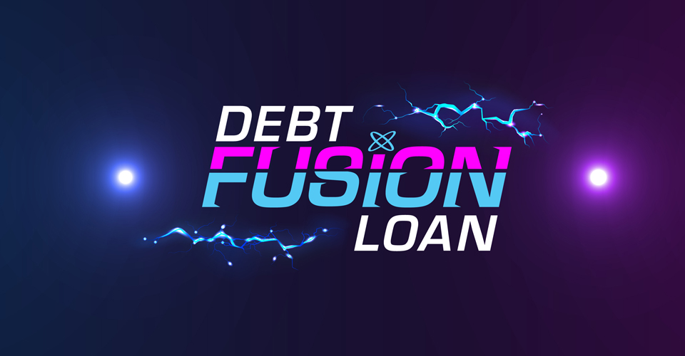 Debt Fusion Logo with the word fusion in pink and blue multi colored text with atom symbol above the I. Lightning bolts and glowing pink and blue balls dance around the text