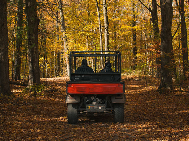 people in red and black UTV surrounded by trees in Fall