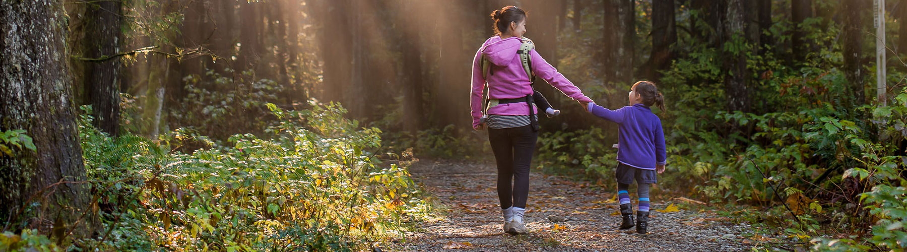 Sun rays beating down on mother and daughter walking in forest