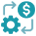 Digital icon of a gear and dollar sign with arrows representing financial growth or success.