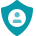 Teal shield digital icon with person avatar in circle in the middle.