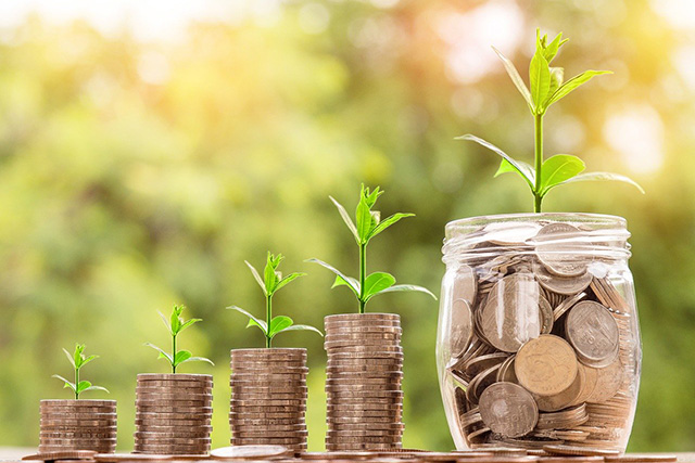 Stacks of coins in a stair shaped pattern leading up to a jar of coins, each stack and the jar has a plant growing out of it