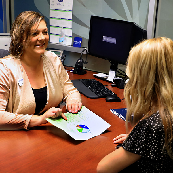 Wildfire Employee discussing budget options with member Wildfire Employee discussing budget options with member